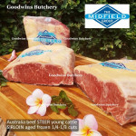 Beef Sirloin AGED BY GOODWINS Australia STEER young cattle (Striploin / New York Strip / Has Luar) chilled whole cut MIDFIELD +/- 5.5kg (price/kg) PRE ORDER 1-3 WORK DAYS